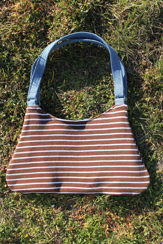 Striped Brown Purse with Denim Interior