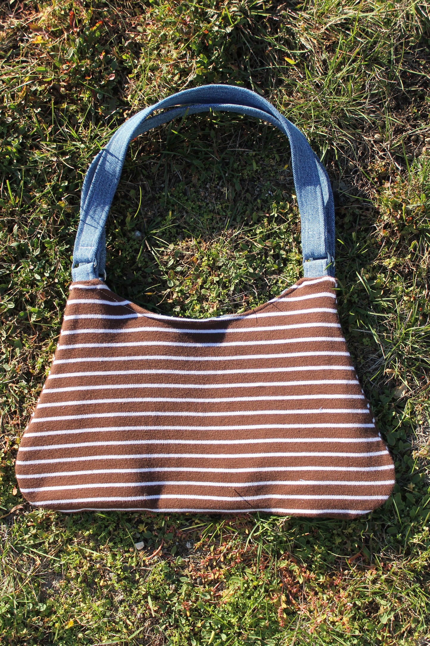 Striped Brown Purse with Denim Interior