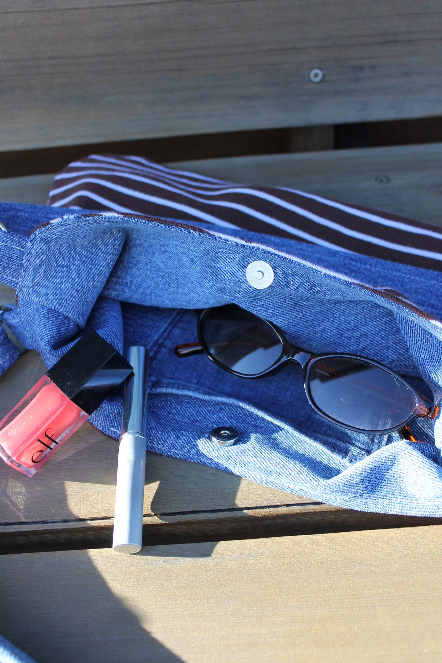 Striped Brown Purse with Denim Interior